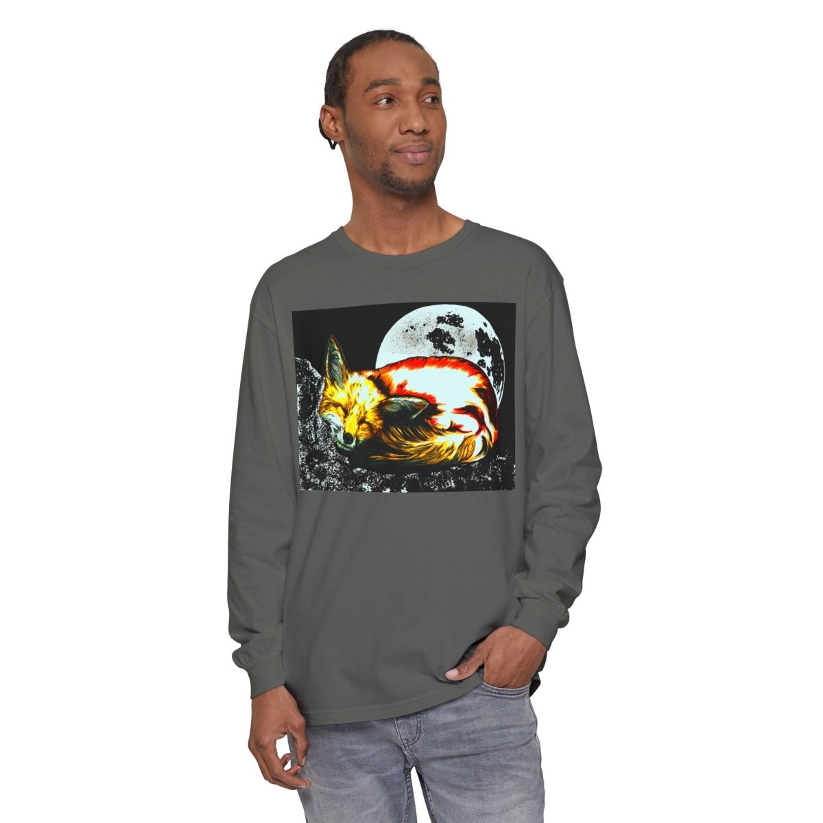 Moonlit Fox Long Sleeve T-Shirt | Unisex Garment - Dyed Tee for Nature Lovers - Curran Artworks