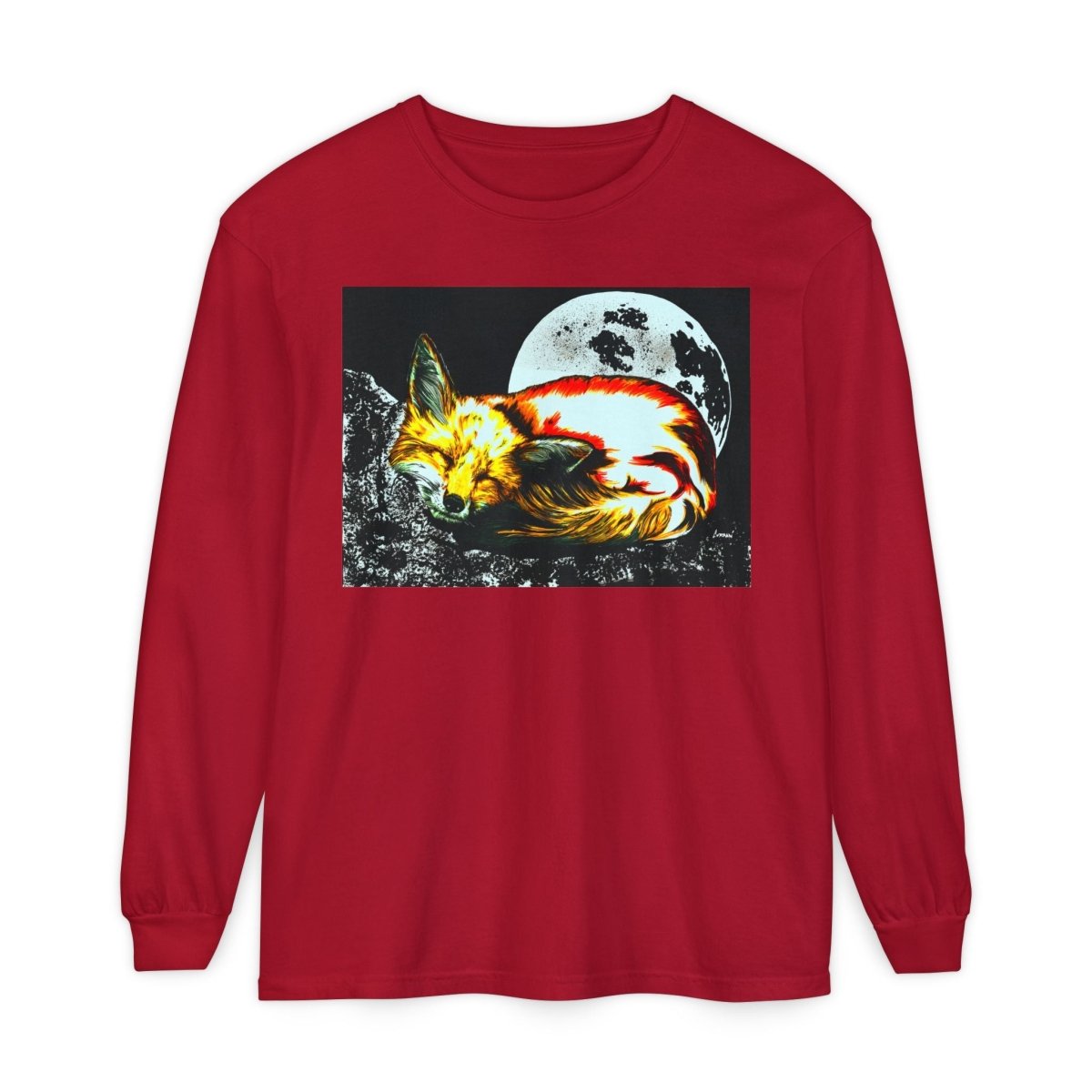Moonlit Fox Long Sleeve T-Shirt | Unisex Garment - Dyed Tee for Nature Lovers - Curran Artworks