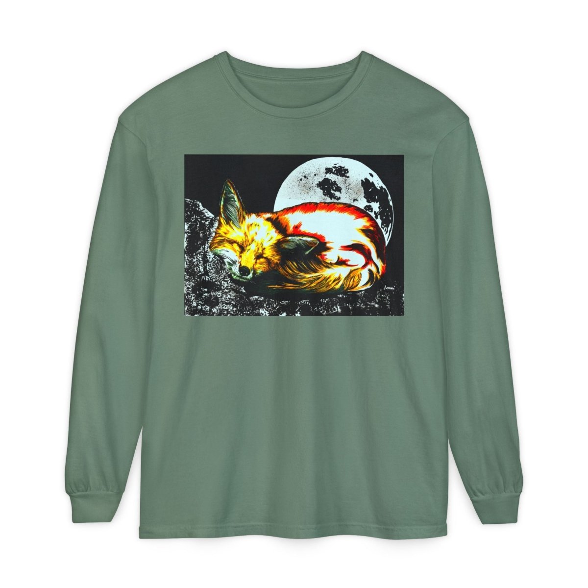 Moonlit Fox Long Sleeve T-Shirt | Unisex Garment - Dyed Tee for Nature Lovers - Curran Artworks