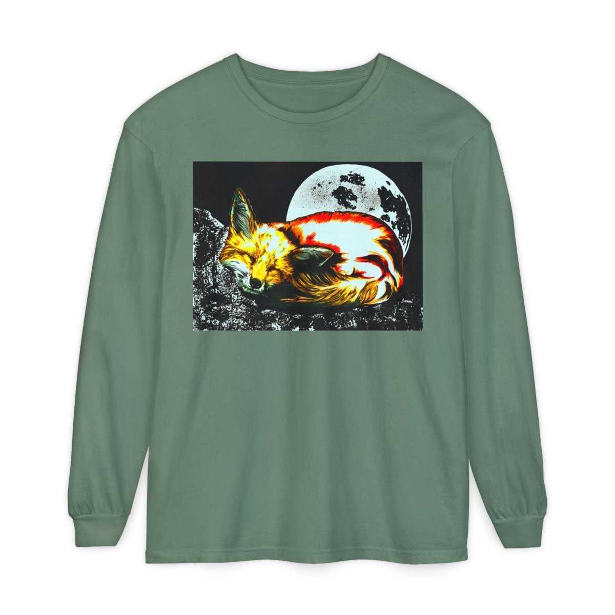 Moonlit Fox Long Sleeve T-Shirt | Unisex Garment - Dyed Tee for Nature Lovers - Curran Artworks