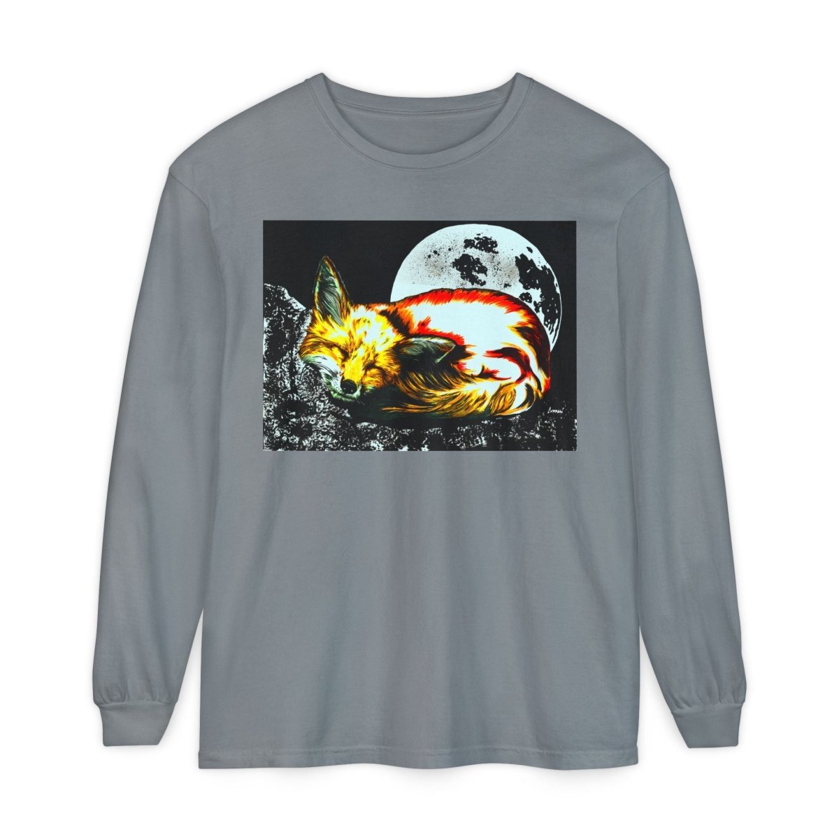 Moonlit Fox Long Sleeve T-Shirt | Unisex Garment - Dyed Tee for Nature Lovers - Curran Artworks