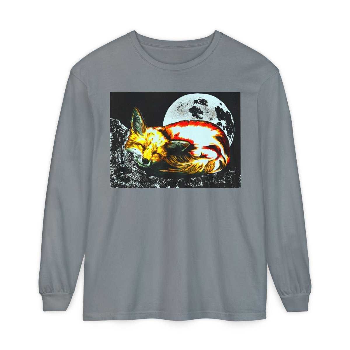 Moonlit Fox Long Sleeve T-Shirt | Unisex Garment - Dyed Tee for Nature Lovers - Curran Artworks