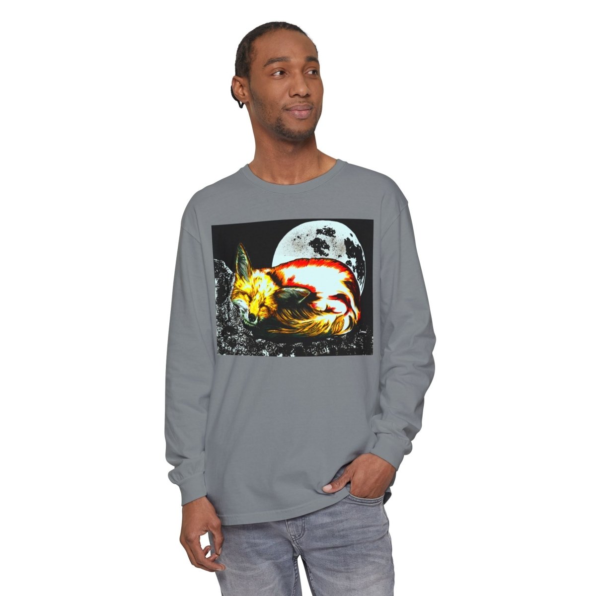 Moonlit Fox Long Sleeve T-Shirt | Unisex Garment - Dyed Tee for Nature Lovers - Curran Artworks