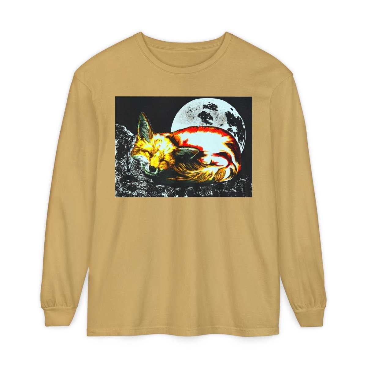 Moonlit Fox Long Sleeve T-Shirt | Unisex Garment - Dyed Tee for Nature Lovers - Curran Artworks