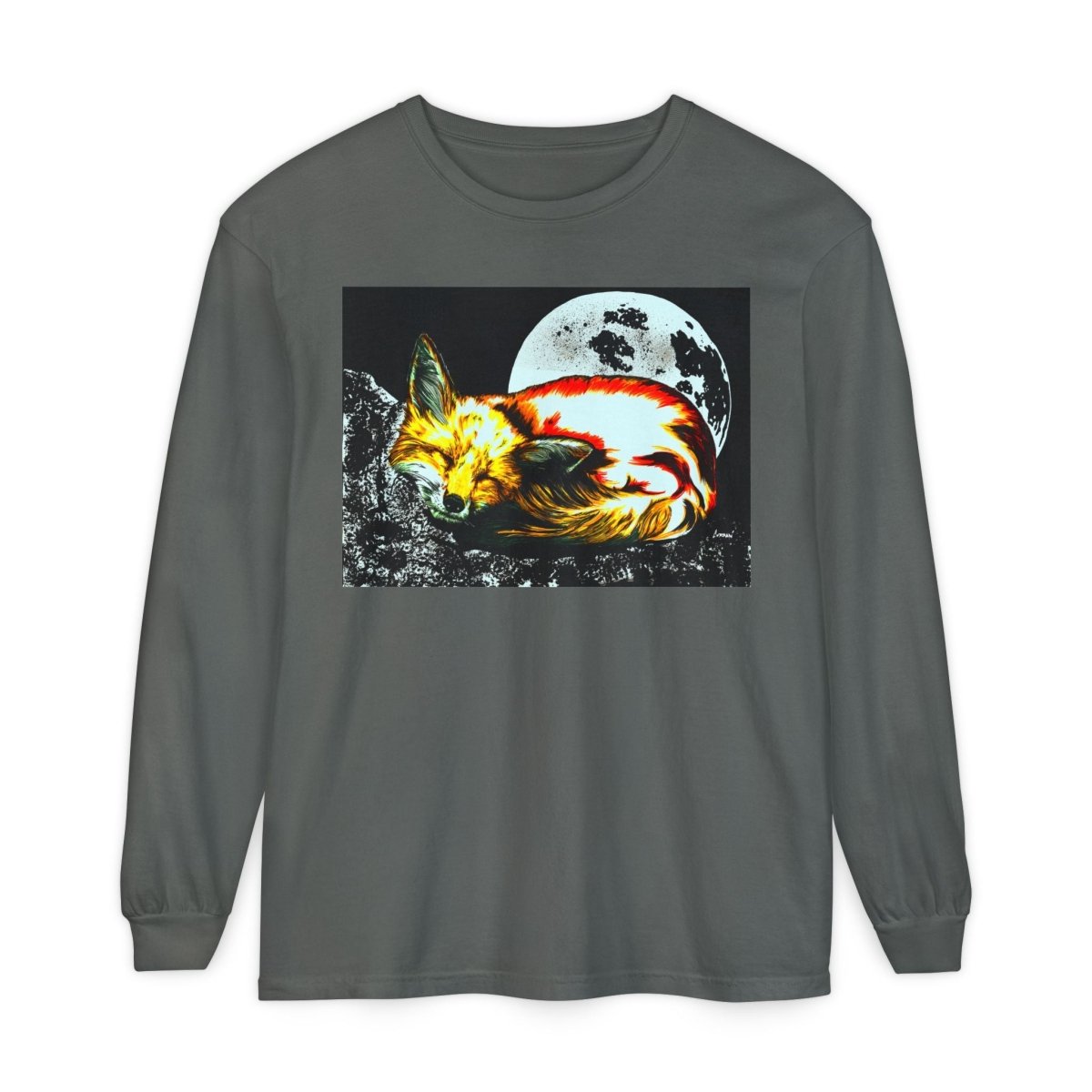 Moonlit Fox Long Sleeve T-Shirt | Unisex Garment - Dyed Tee for Nature Lovers - Curran Artworks