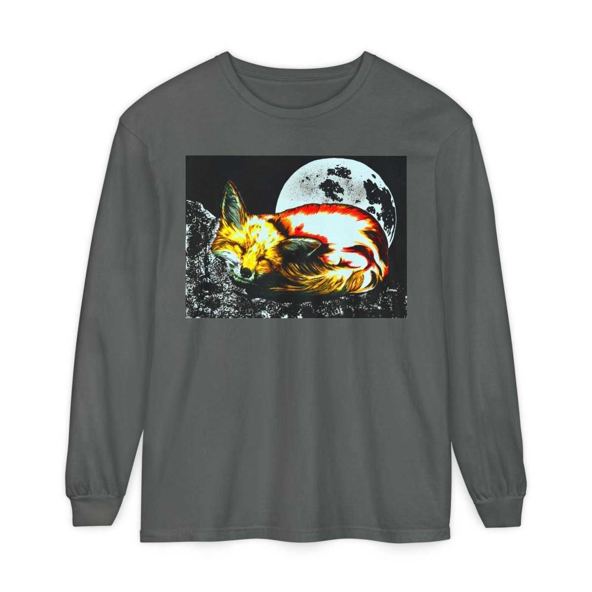 Moonlit Fox Long Sleeve T-Shirt | Unisex Garment - Dyed Tee for Nature Lovers - Curran Artworks