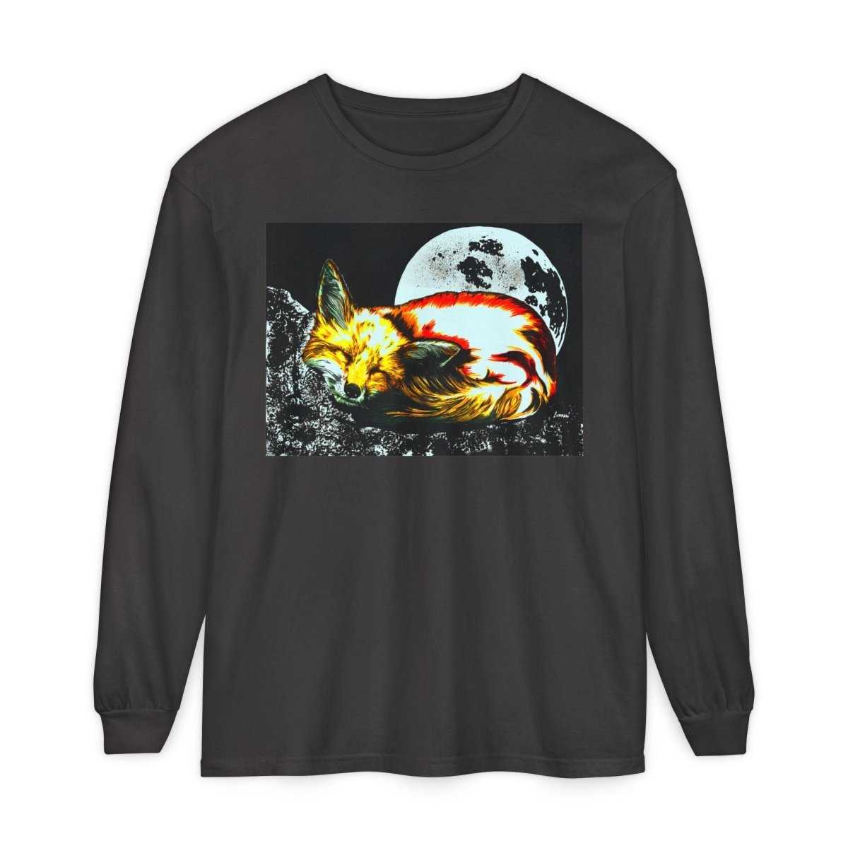 Moonlit Fox Long Sleeve T-Shirt | Unisex Garment - Dyed Tee for Nature Lovers - Curran Artworks