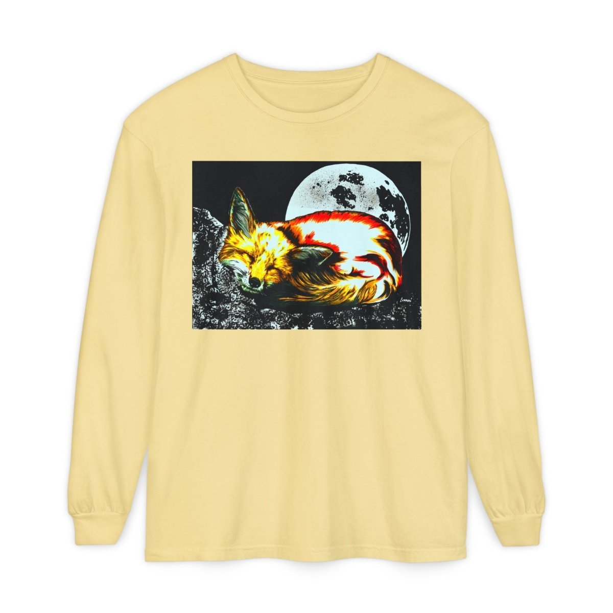 Moonlit Fox Long Sleeve T-Shirt | Unisex Garment - Dyed Tee for Nature Lovers - Curran Artworks