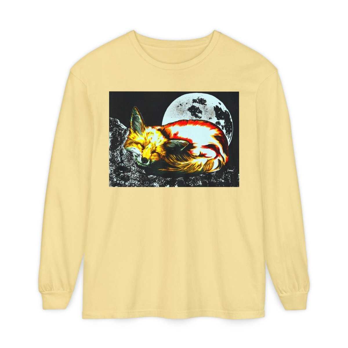 Moonlit Fox Long Sleeve T-Shirt | Unisex Garment - Dyed Tee for Nature Lovers - Curran Artworks