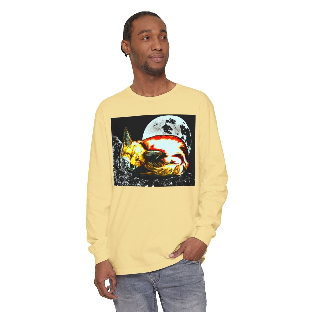 Moonlit Fox Long Sleeve T-Shirt | Unisex Garment - Dyed Tee for Nature Lovers - Curran Artworks