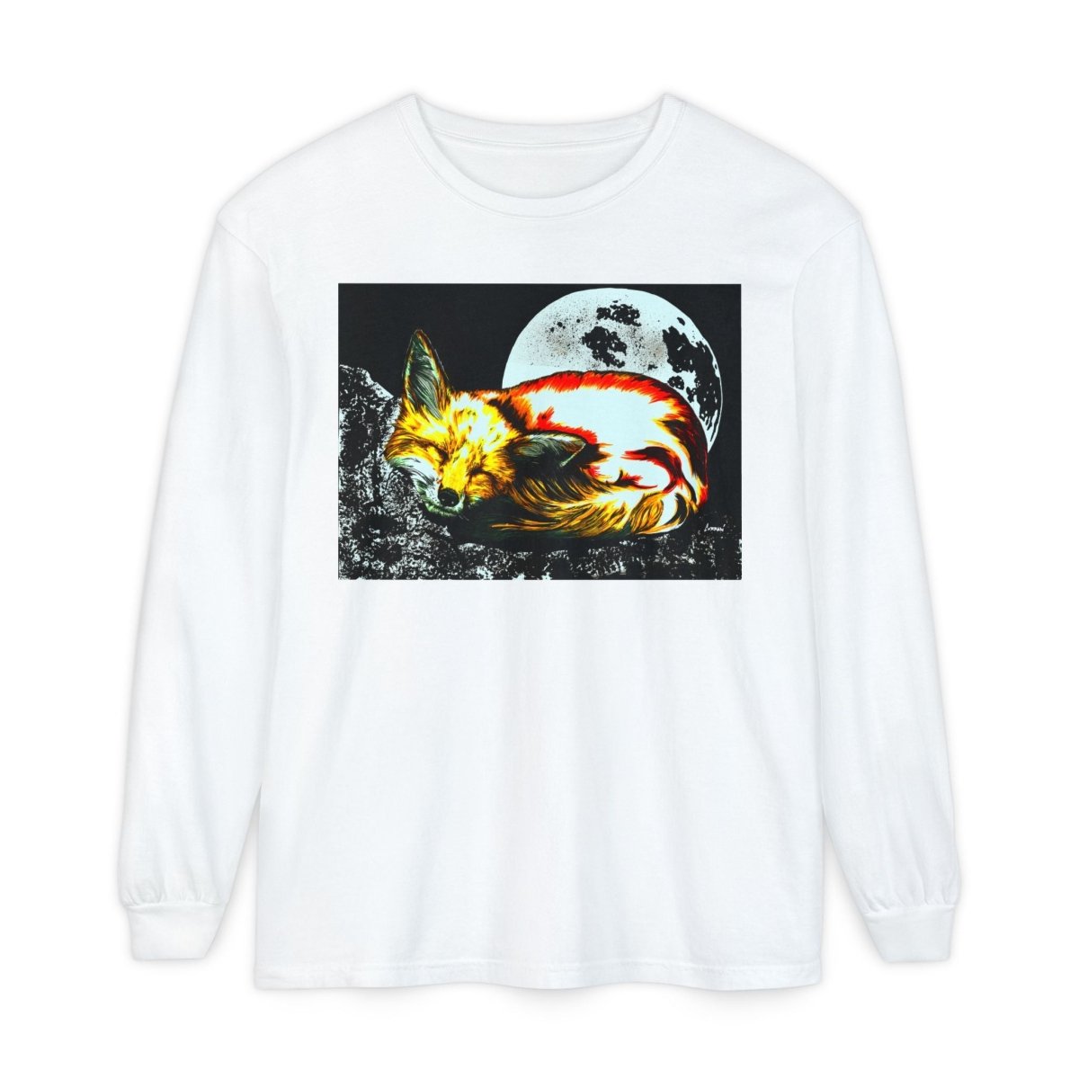 Moonlit Fox Long Sleeve T-Shirt | Unisex Garment - Dyed Tee for Nature Lovers - Curran Artworks