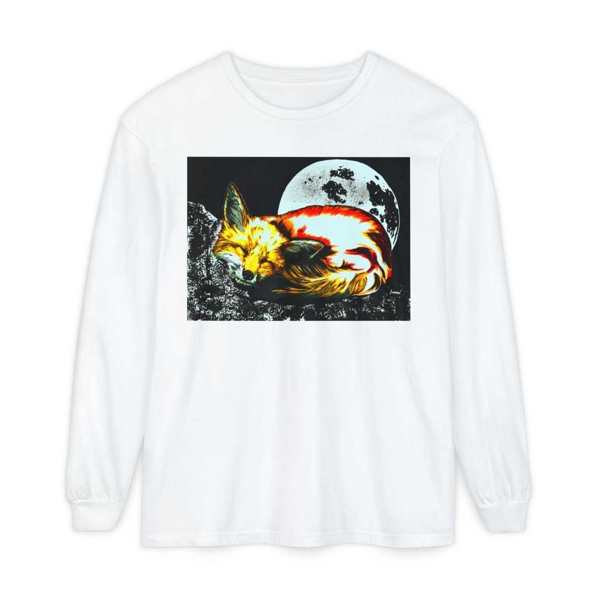 Moonlit Fox Long Sleeve T-Shirt | Unisex Garment - Dyed Tee for Nature Lovers - Curran Artworks