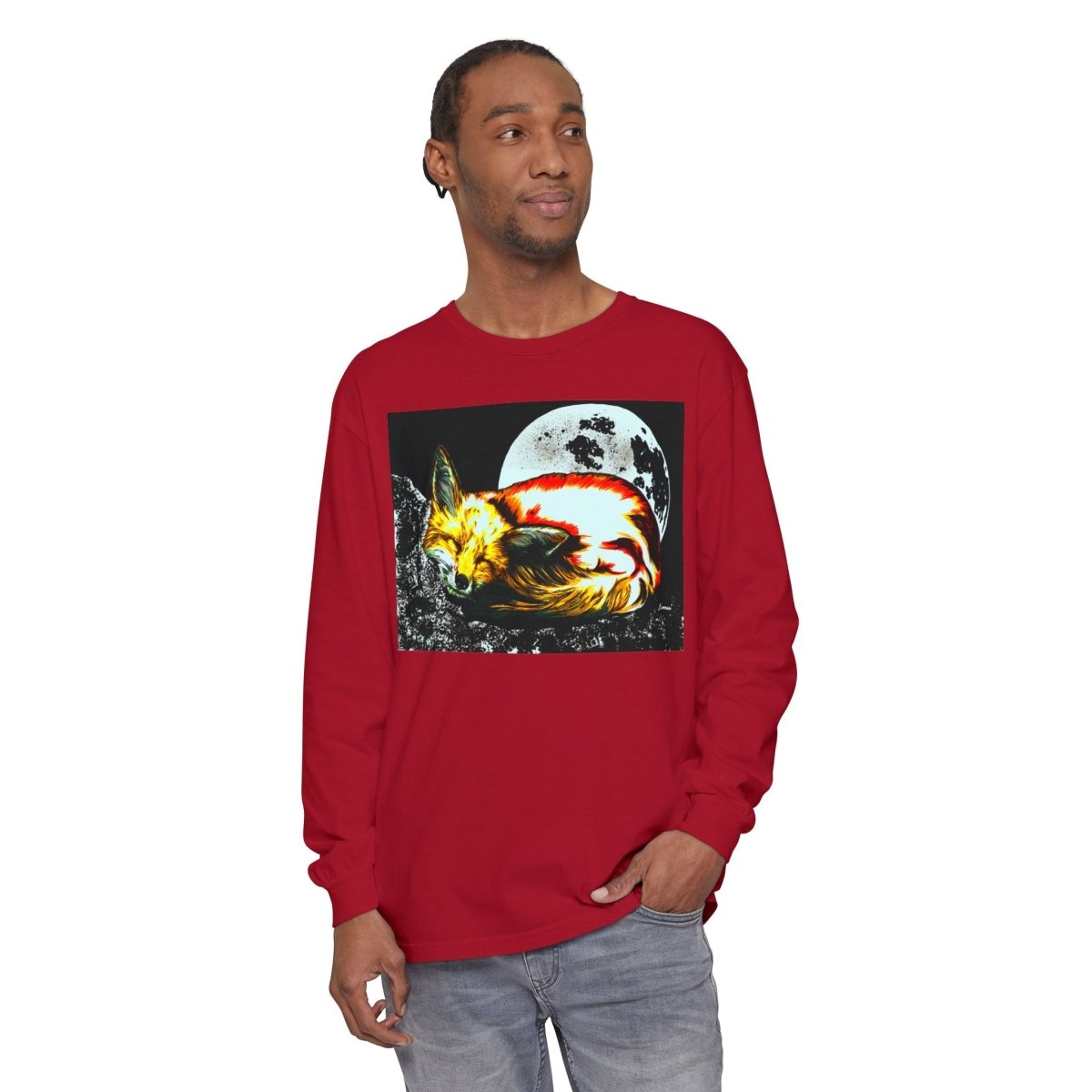 Moonlit Fox Long Sleeve T-Shirt | Unisex Garment - Dyed Tee for Nature Lovers - Curran Artworks