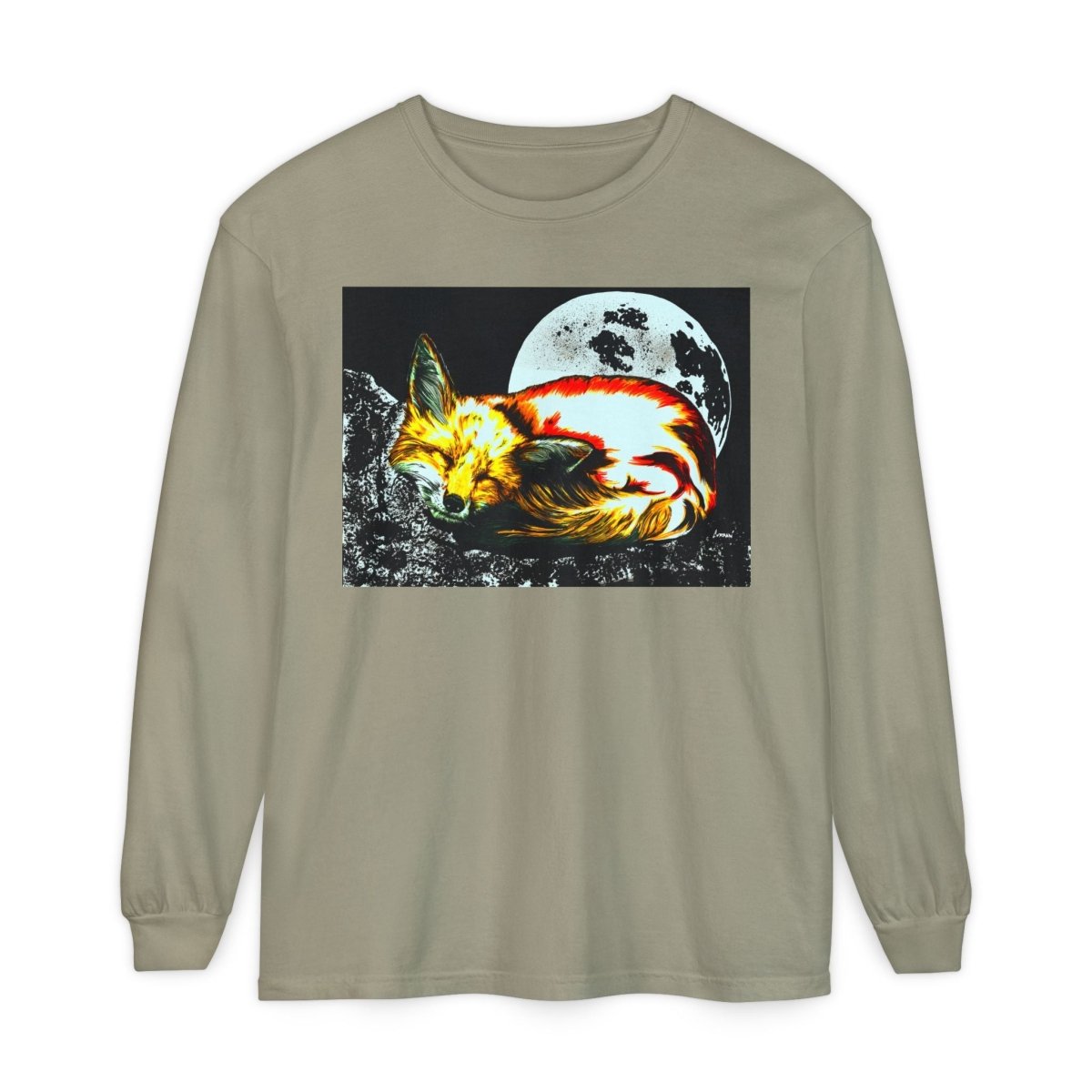 Moonlit Fox Long Sleeve T-Shirt | Unisex Garment - Dyed Tee for Nature Lovers - Curran Artworks
