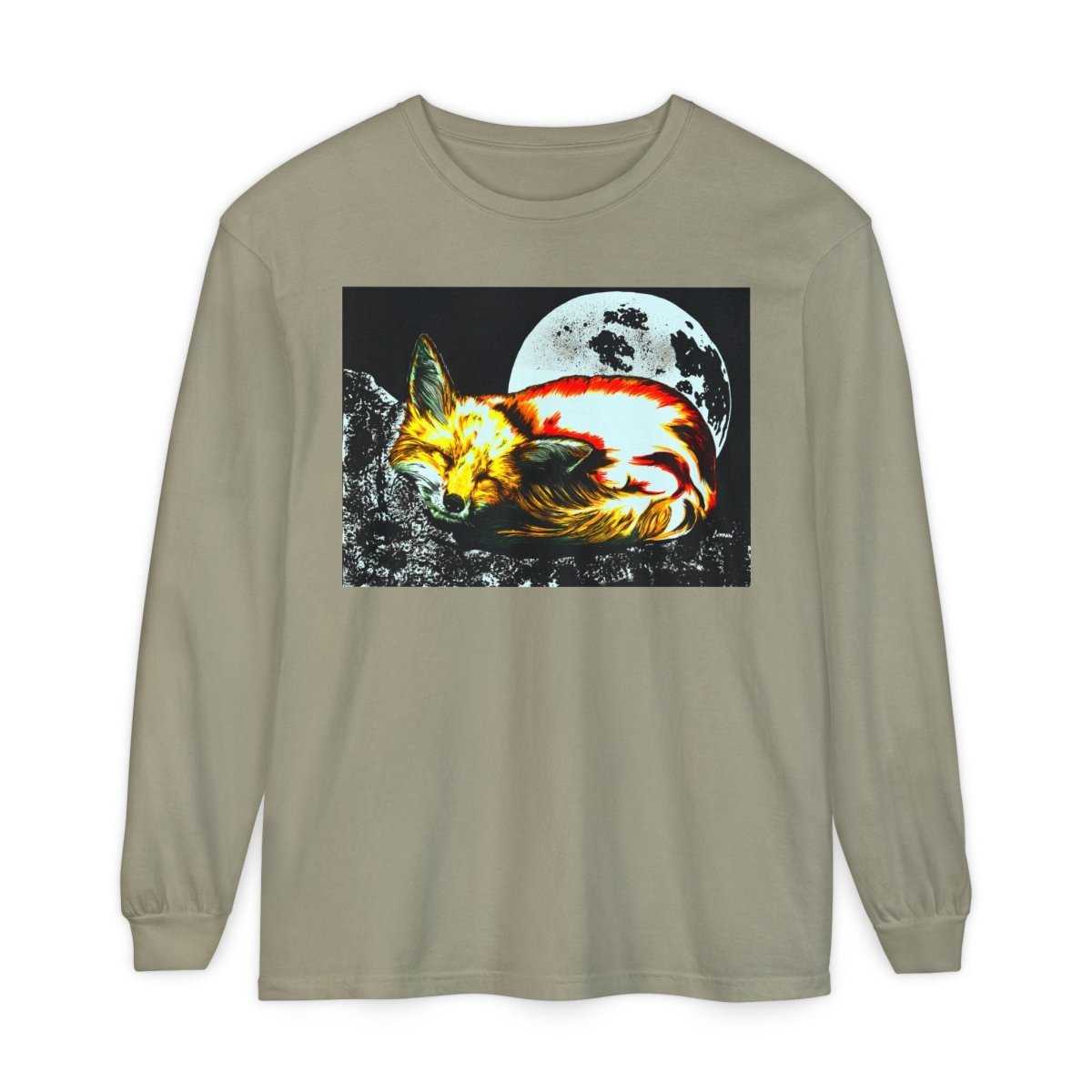 Moonlit Fox Long Sleeve T-Shirt | Unisex Garment - Dyed Tee for Nature Lovers - Curran Artworks