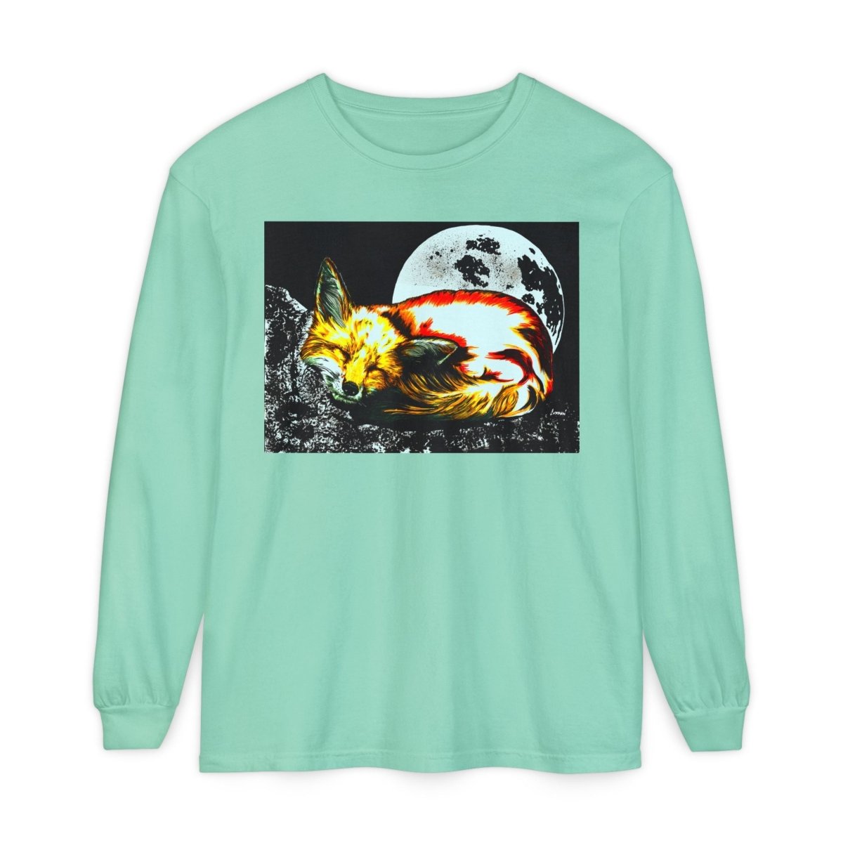 Moonlit Fox Long Sleeve T-Shirt | Unisex Garment - Dyed Tee for Nature Lovers - Curran Artworks