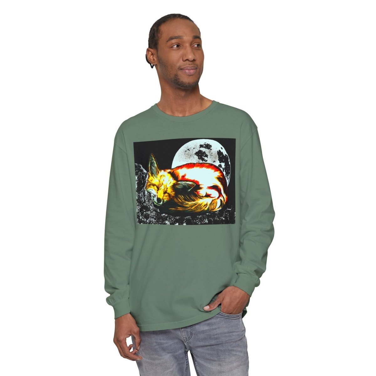 Moonlit Fox Long Sleeve T-Shirt | Unisex Garment - Dyed Tee for Nature Lovers - Curran Artworks