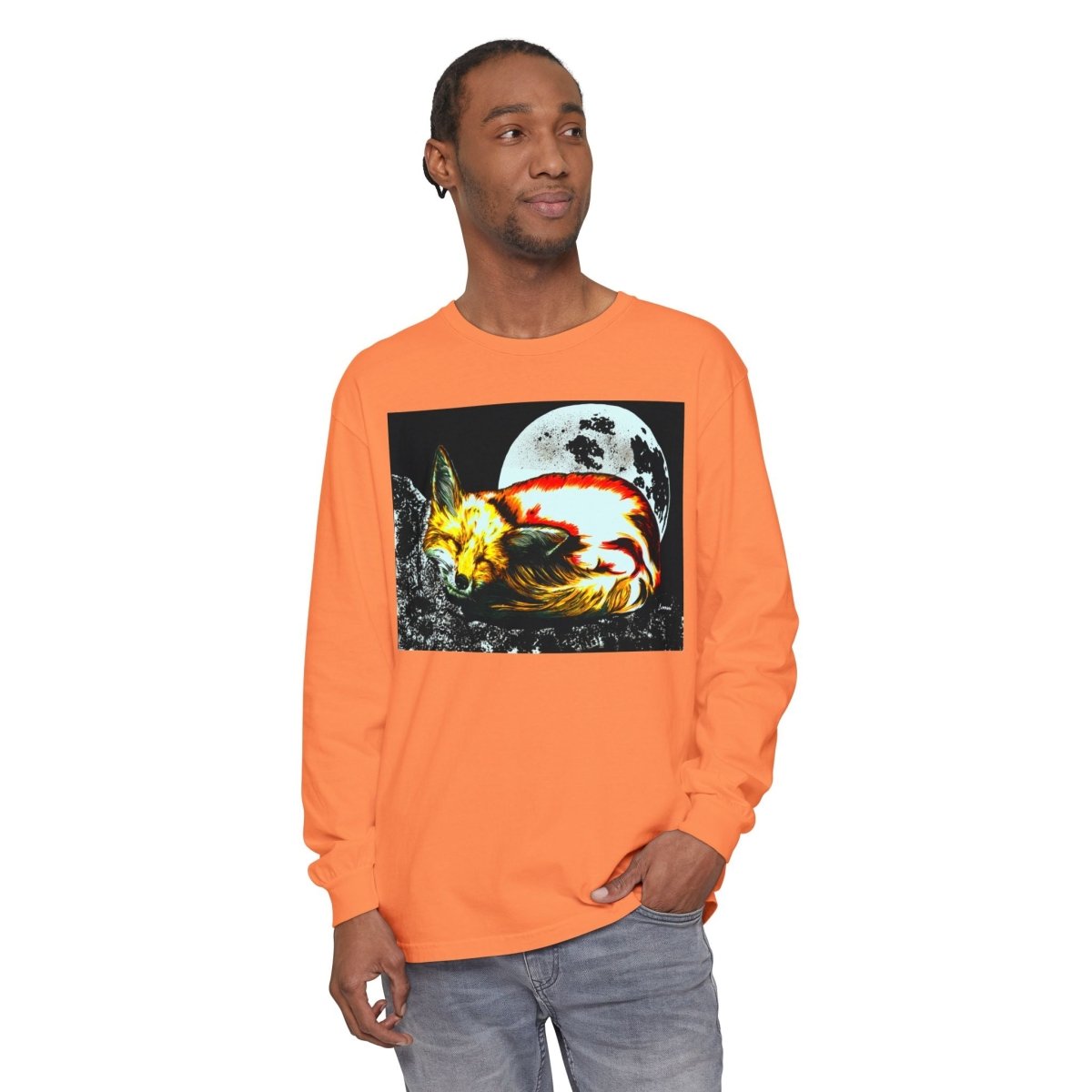 Moonlit Fox Long Sleeve T-Shirt | Unisex Garment - Dyed Tee for Nature Lovers - Curran Artworks
