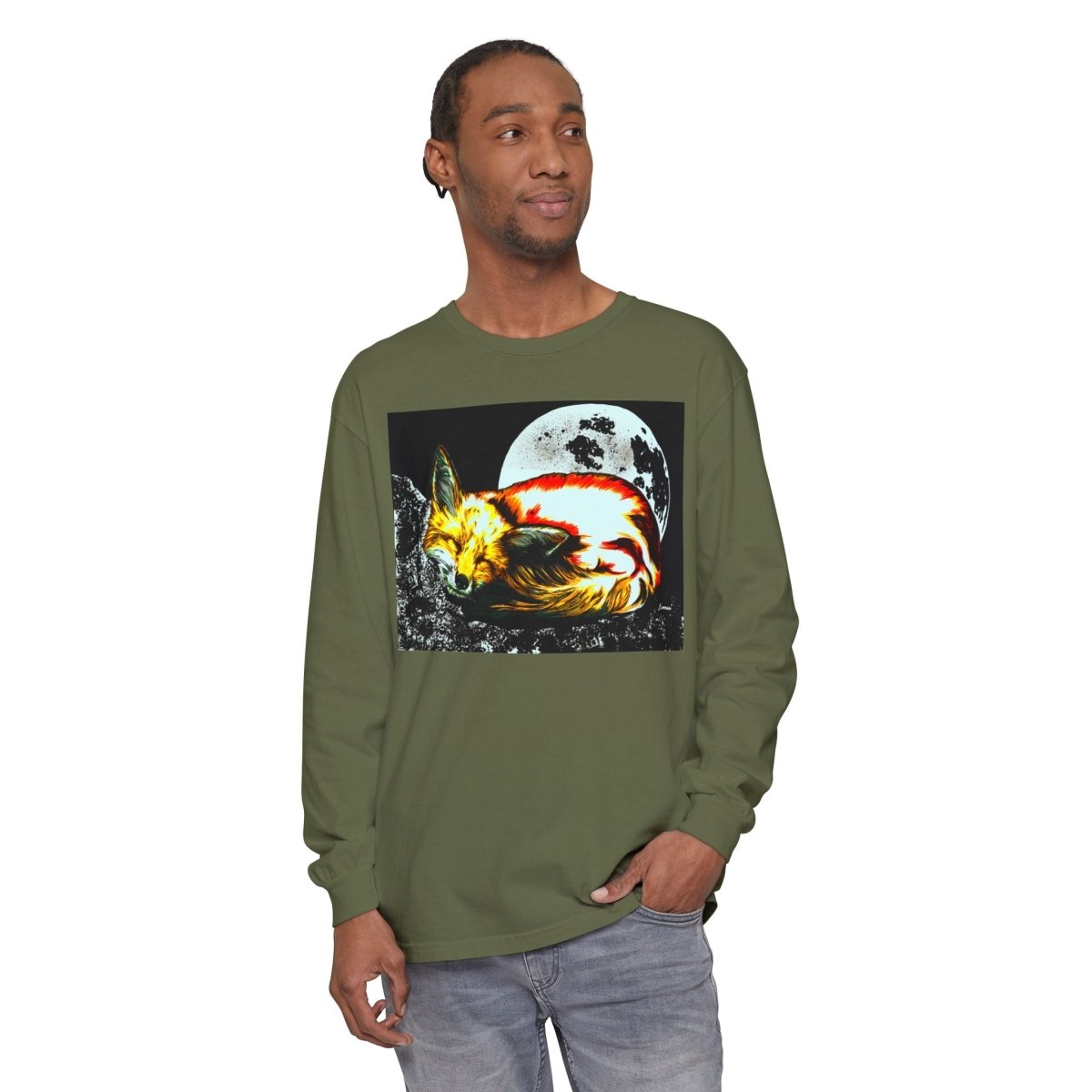 Moonlit Fox Long Sleeve T-Shirt | Unisex Garment - Dyed Tee for Nature Lovers - Curran Artworks