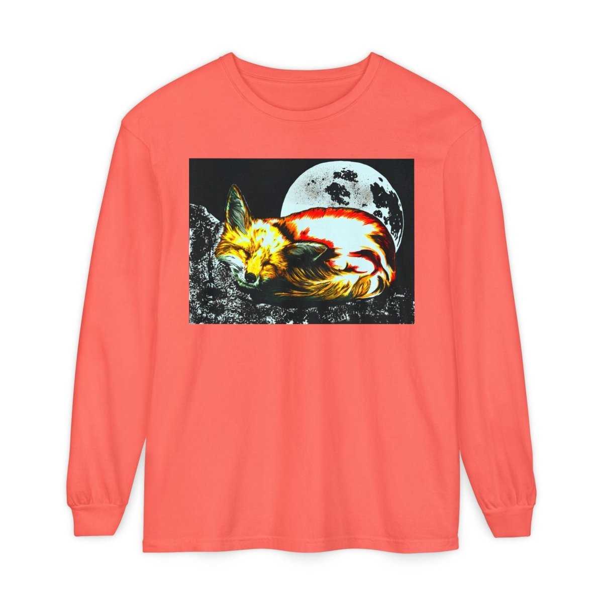 Moonlit Fox Long Sleeve T-Shirt | Unisex Garment - Dyed Tee for Nature Lovers - Curran Artworks