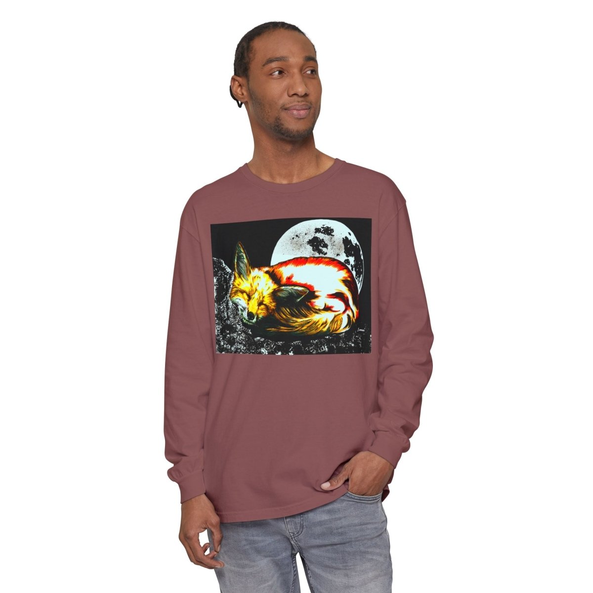 Moonlit Fox Long Sleeve T-Shirt | Unisex Garment - Dyed Tee for Nature Lovers - Curran Artworks