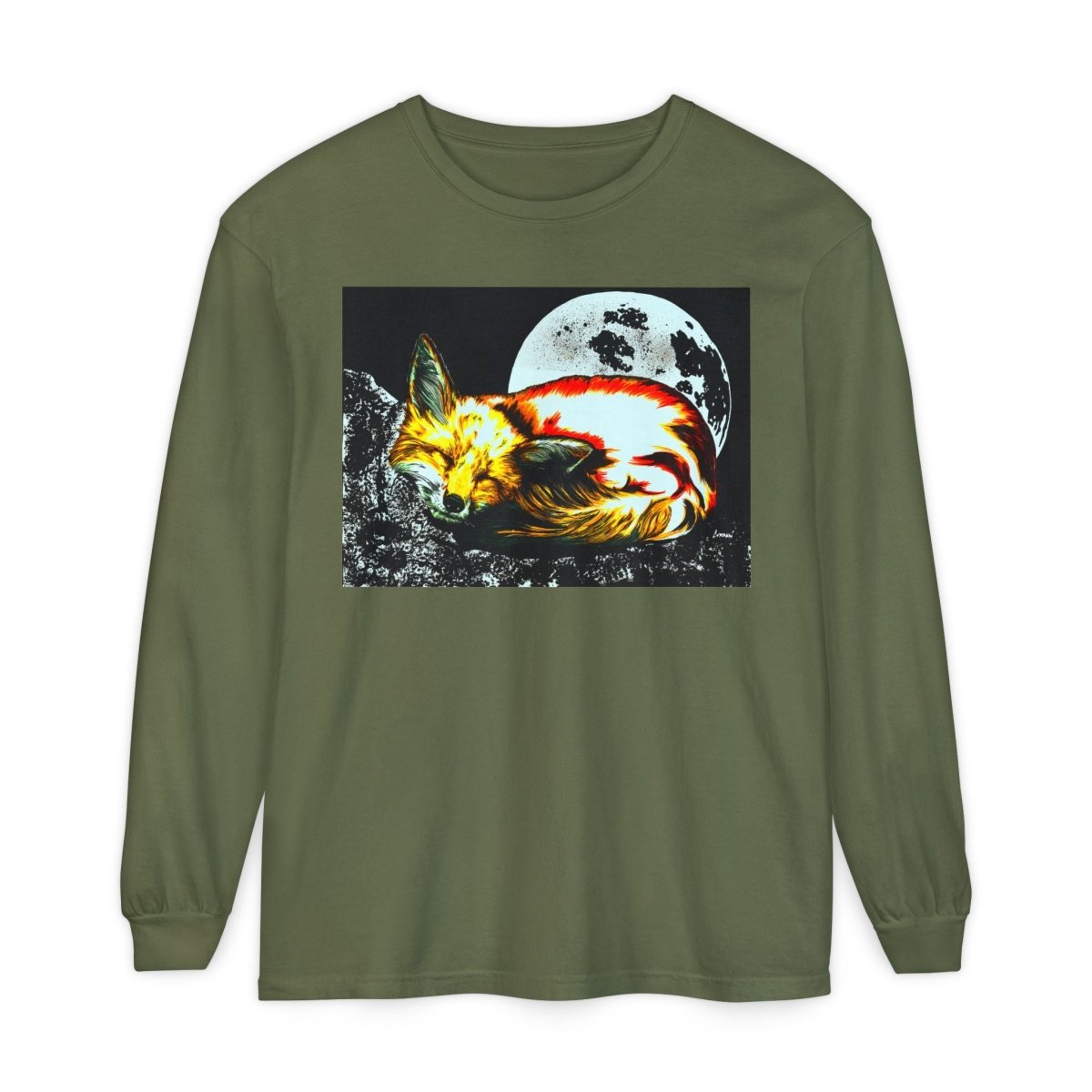 Moonlit Fox Long Sleeve T-Shirt | Unisex Garment - Dyed Tee for Nature Lovers - Curran Artworks