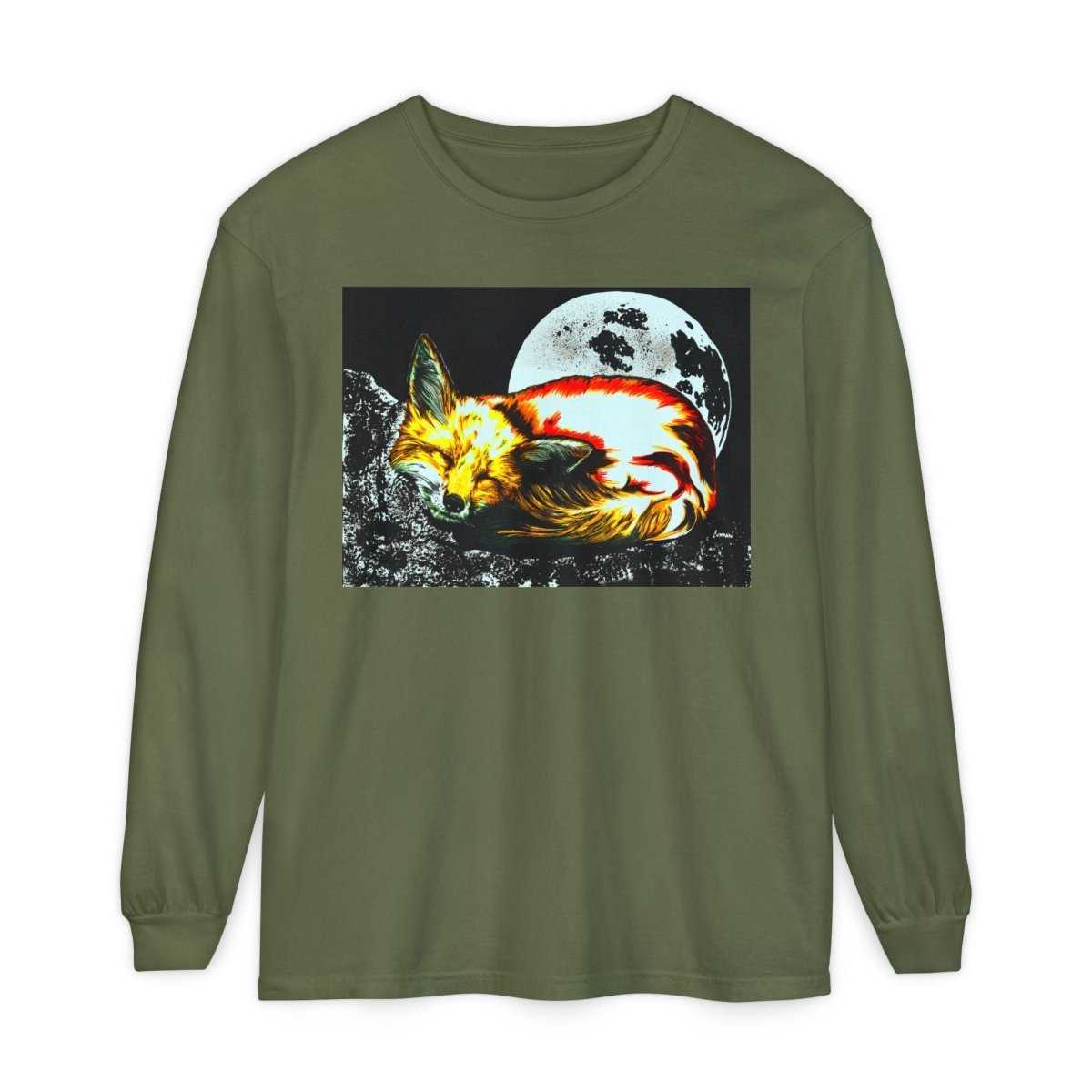 Moonlit Fox Long Sleeve T-Shirt | Unisex Garment - Dyed Tee for Nature Lovers - Curran Artworks