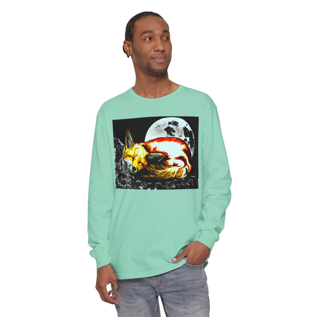 Moonlit Fox Long Sleeve T-Shirt | Unisex Garment - Dyed Tee for Nature Lovers - Curran Artworks