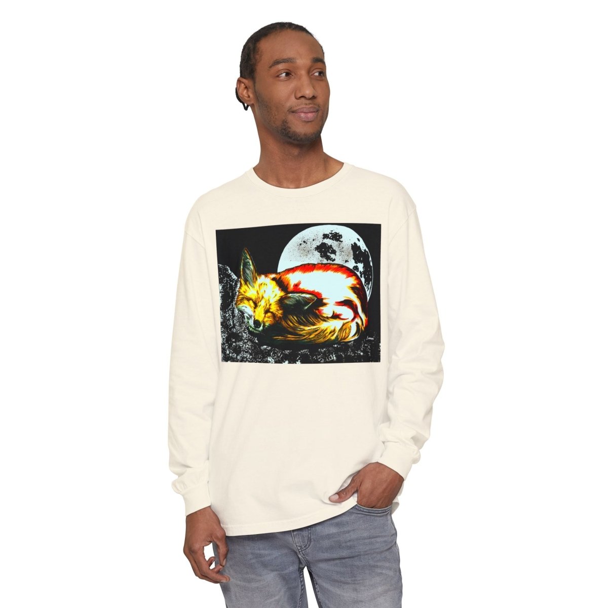Moonlit Fox Long Sleeve T-Shirt | Unisex Garment - Dyed Tee for Nature Lovers - Curran Artworks
