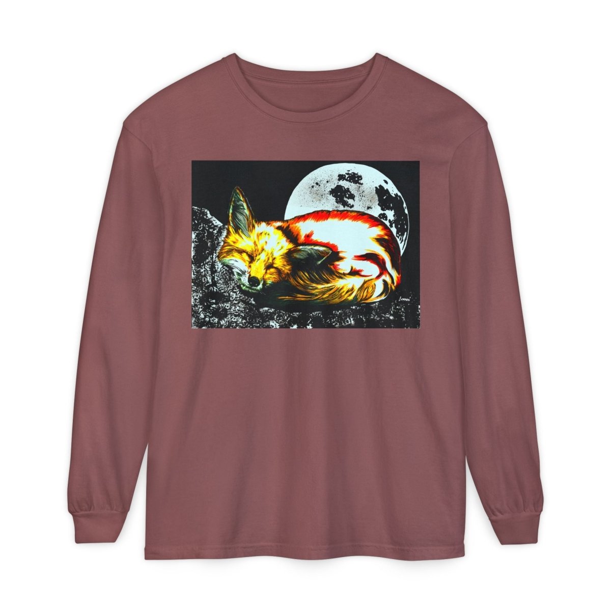 Moonlit Fox Long Sleeve T-Shirt | Unisex Garment - Dyed Tee for Nature Lovers - Curran Artworks