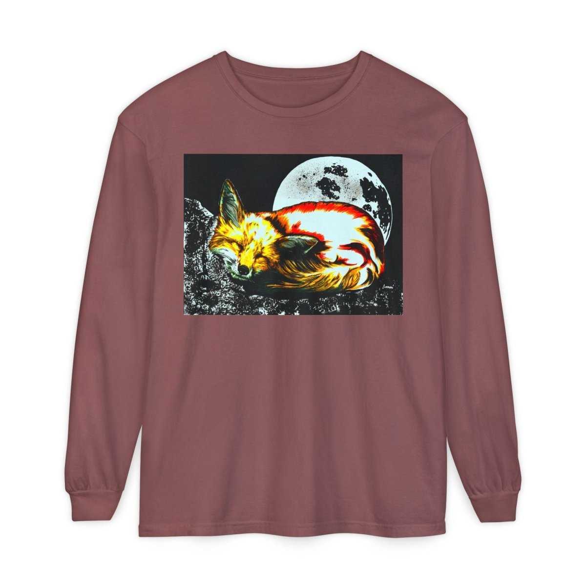 Moonlit Fox Long Sleeve T-Shirt | Unisex Garment - Dyed Tee for Nature Lovers - Curran Artworks