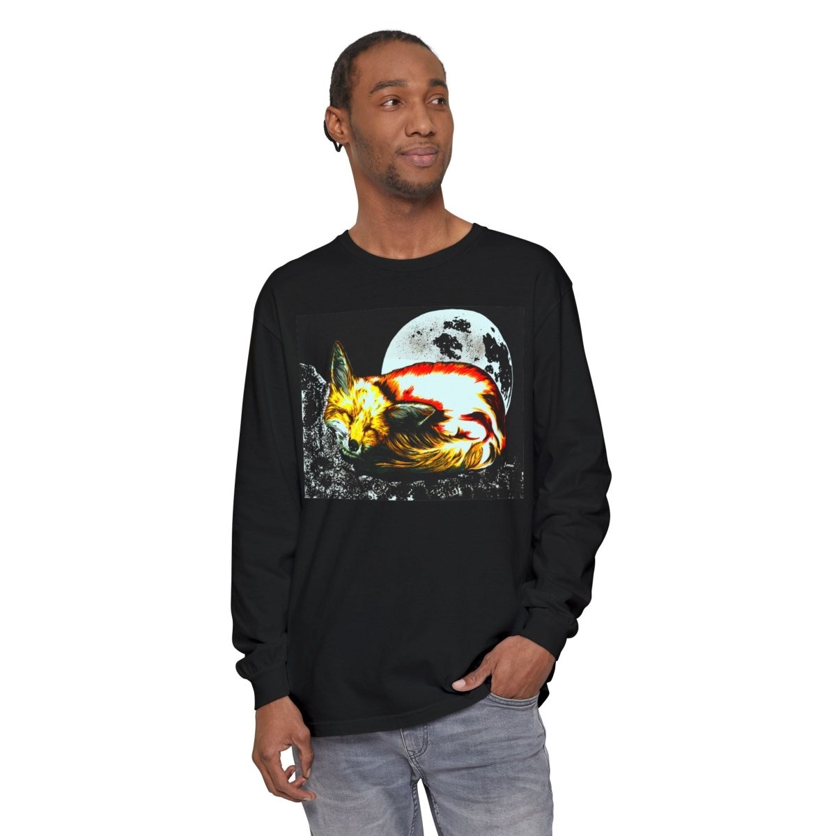 Moonlit Fox Long Sleeve T-Shirt | Unisex Garment - Dyed Tee for Nature Lovers - Curran Artworks