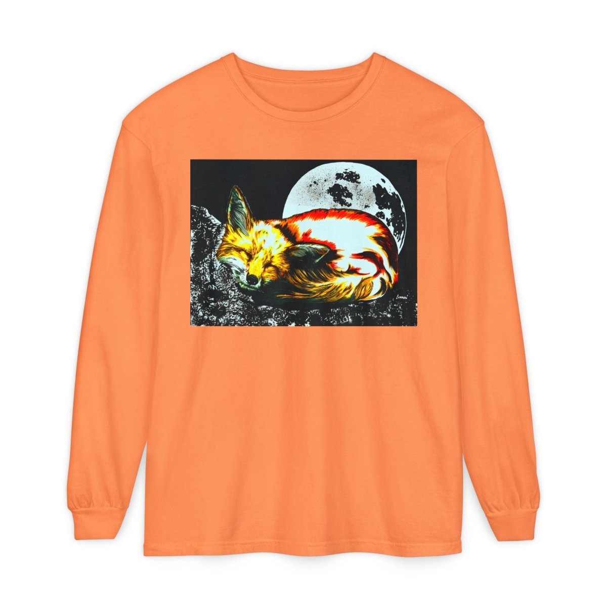 Moonlit Fox Long Sleeve T-Shirt | Unisex Garment - Dyed Tee for Nature Lovers - Curran Artworks