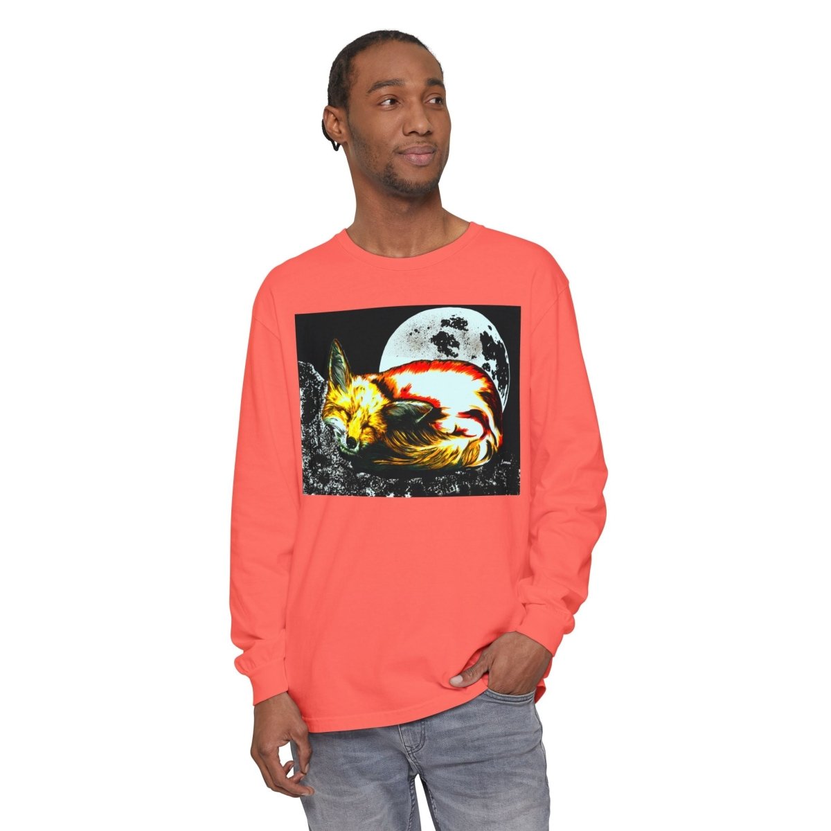 Moonlit Fox Long Sleeve T-Shirt | Unisex Garment - Dyed Tee for Nature Lovers - Curran Artworks