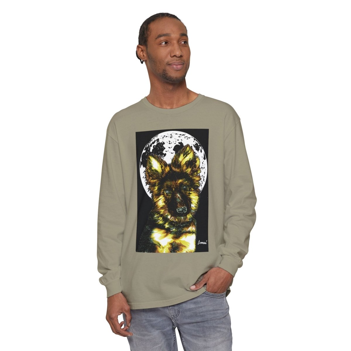 Moonlit German Shepherd Puppy Long Sleeve Tee - Curran Artworks