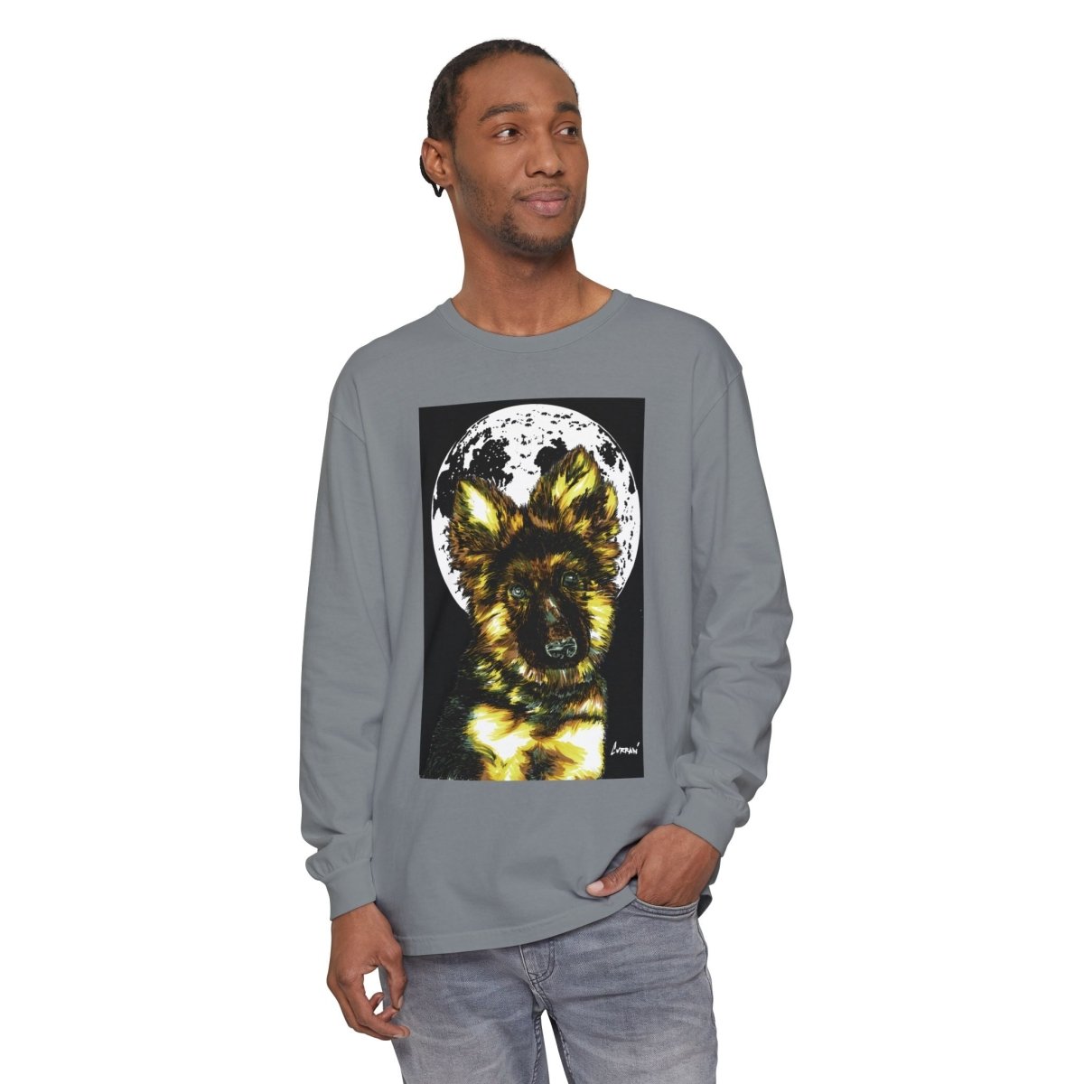 Moonlit German Shepherd Puppy Long Sleeve Tee - Curran Artworks