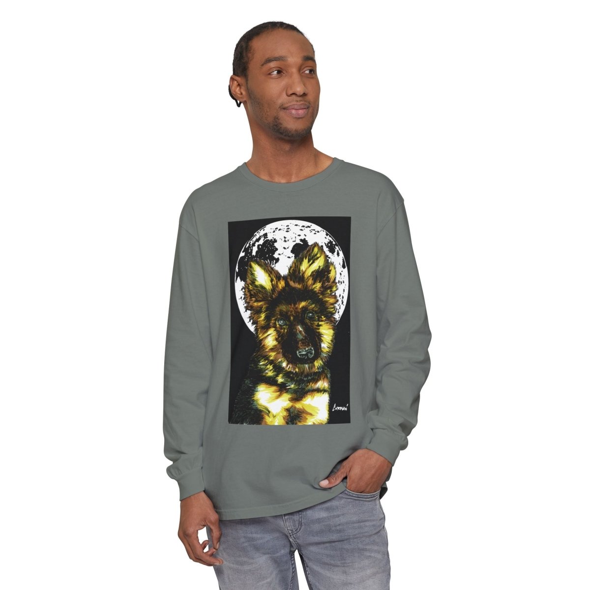 Moonlit German Shepherd Puppy Long Sleeve Tee - Curran Artworks