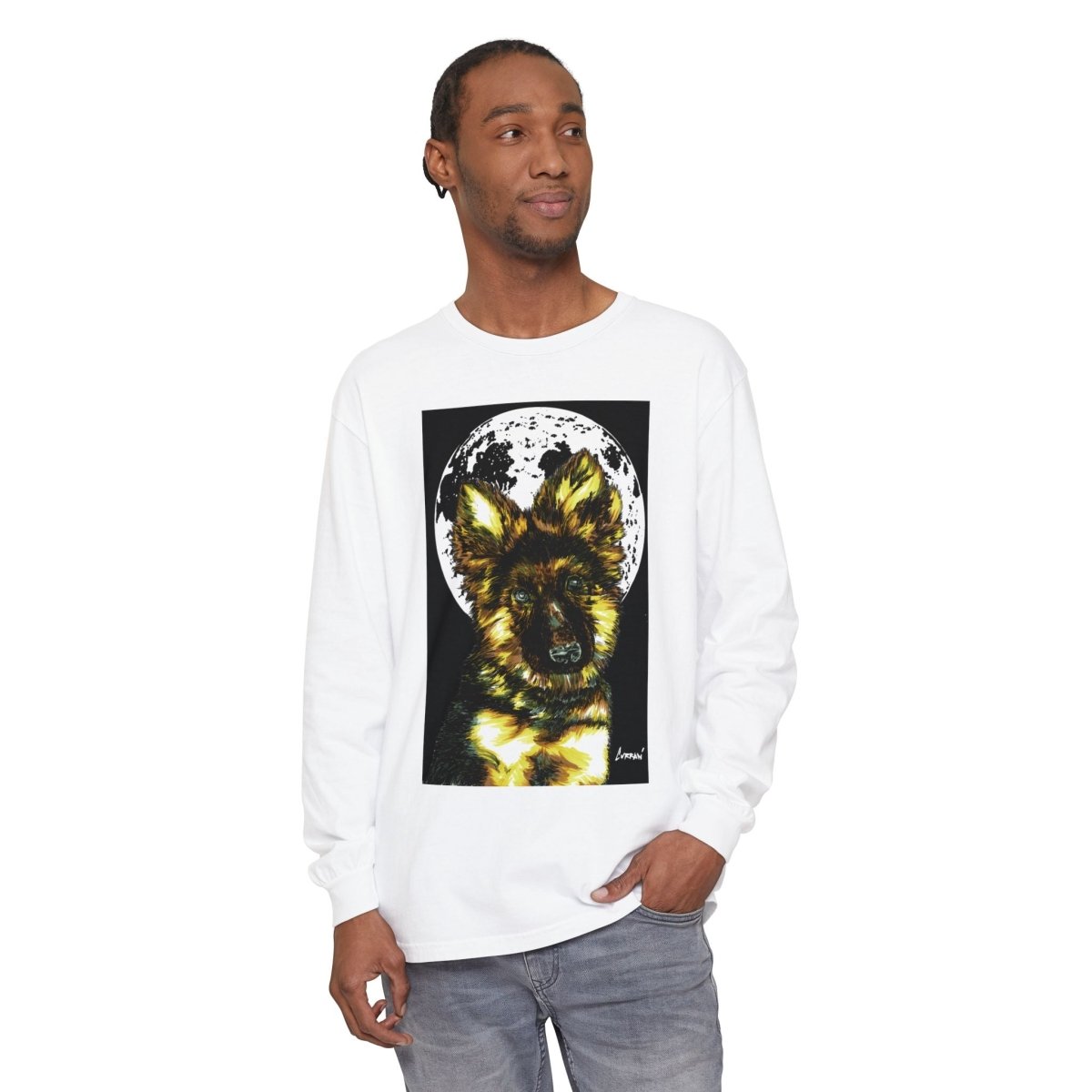 Moonlit German Shepherd Puppy Long Sleeve Tee - Curran Artworks