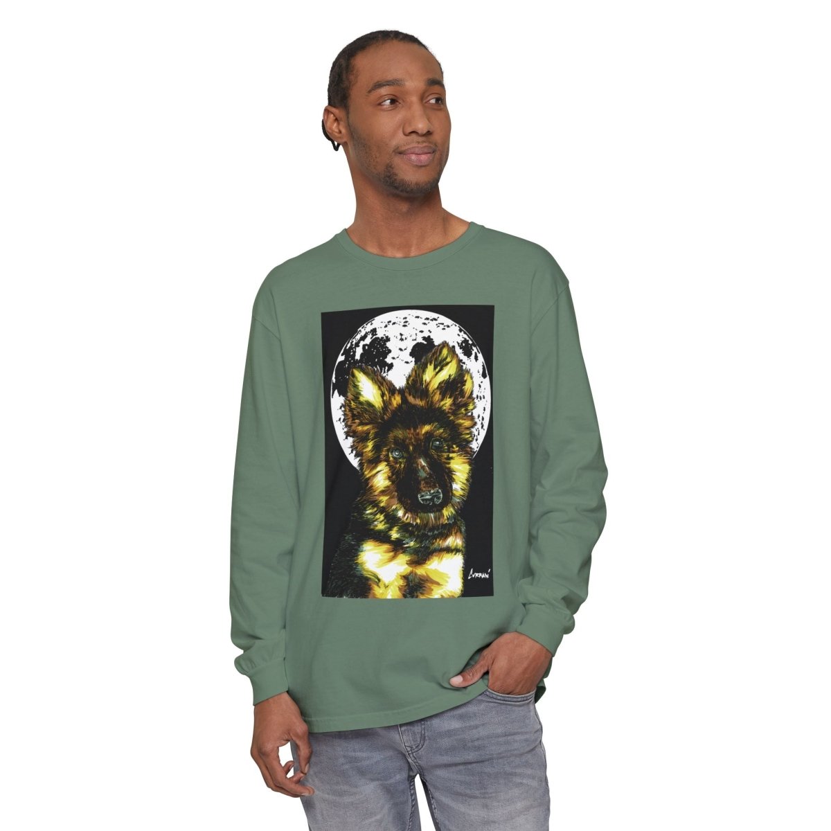 Moonlit German Shepherd Puppy Long Sleeve Tee - Curran Artworks