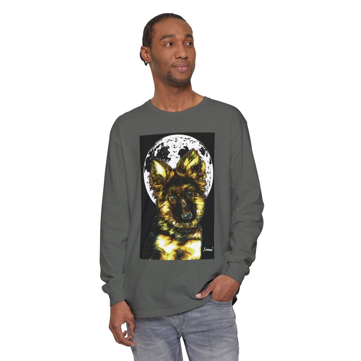 Moonlit German Shepherd Puppy Long Sleeve Tee - Curran Artworks