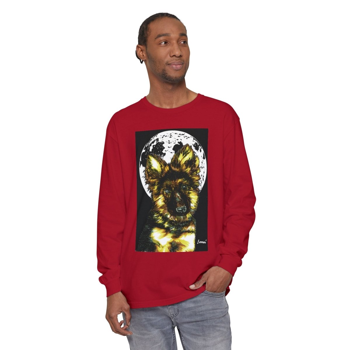 Moonlit German Shepherd Puppy Long Sleeve Tee - Curran Artworks