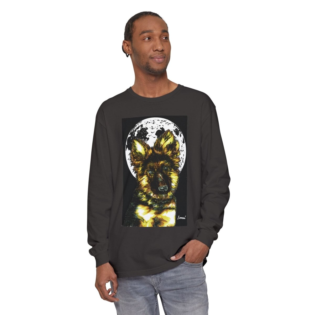 Moonlit German Shepherd Puppy Long Sleeve Tee - Curran Artworks