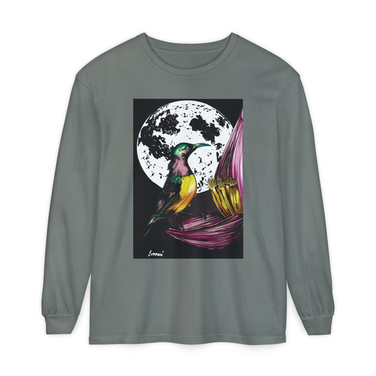 Moonlit Hummingbird Long Sleeve T-Shirt - Unisex Botanical Art Tee - Curran Artworks