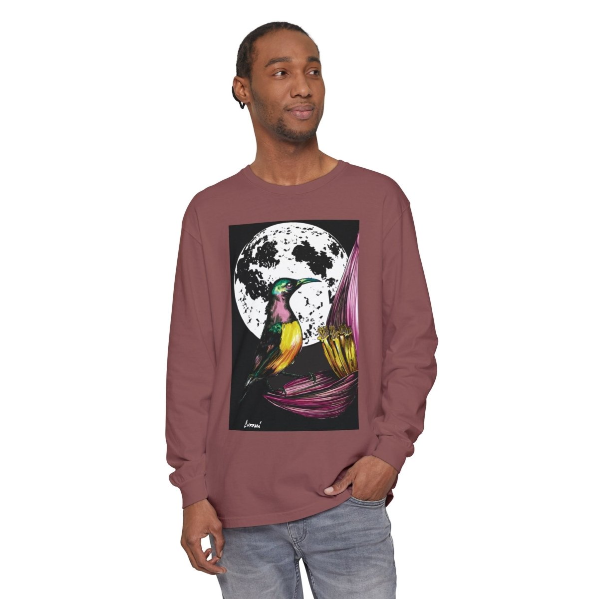 Moonlit Hummingbird Long Sleeve T-Shirt - Unisex Botanical Art Tee - Curran Artworks