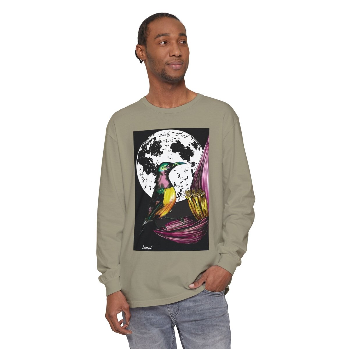 Moonlit Hummingbird Long Sleeve T-Shirt - Unisex Botanical Art Tee - Curran Artworks
