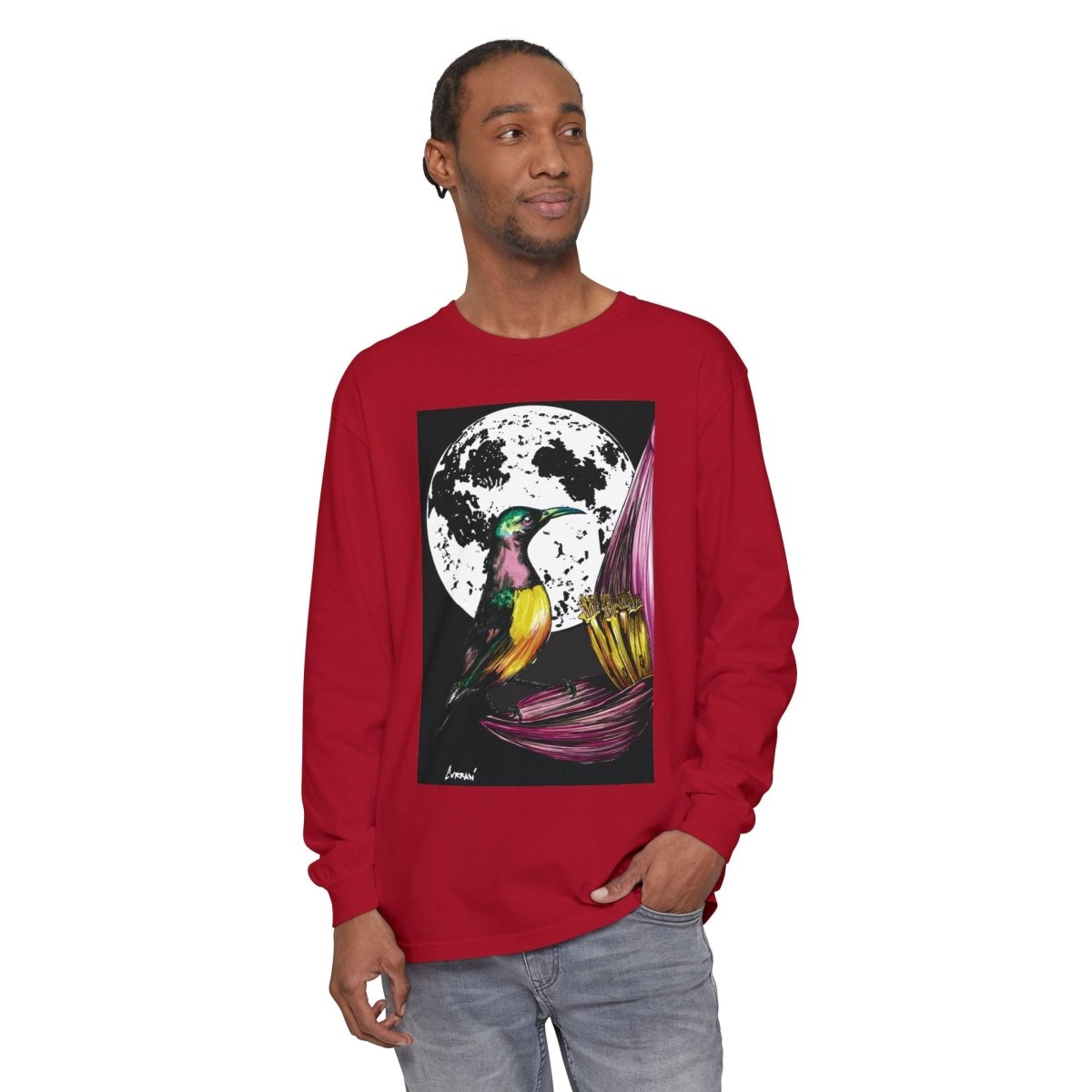Moonlit Hummingbird Long Sleeve T-Shirt - Unisex Botanical Art Tee - Curran Artworks