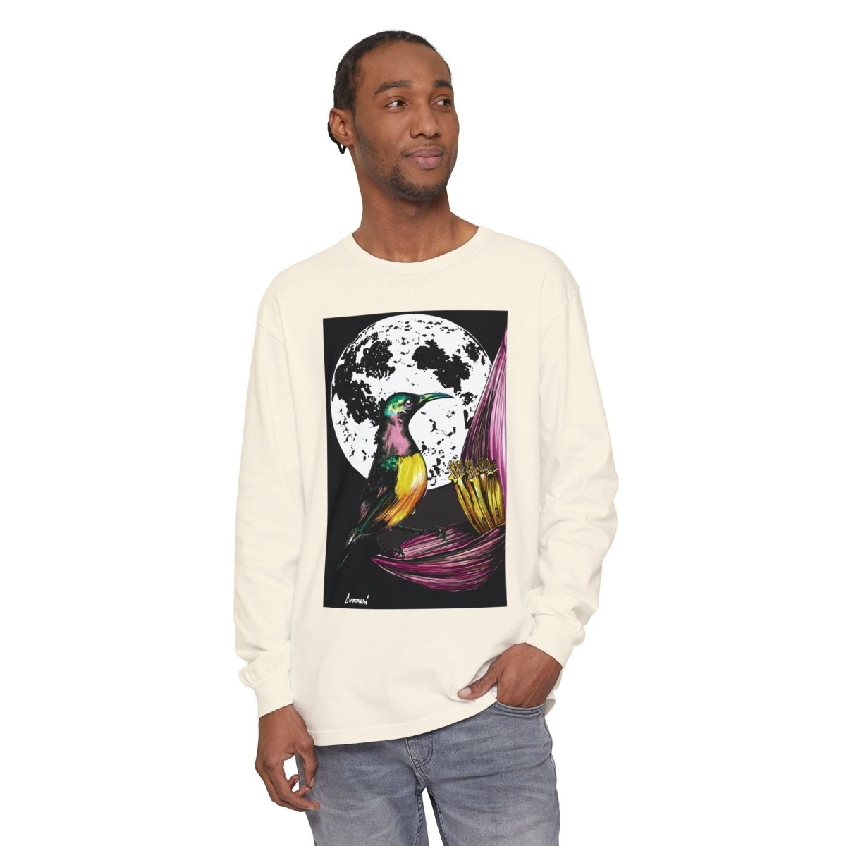 Moonlit Hummingbird Long Sleeve T-Shirt - Unisex Botanical Art Tee - Curran Artworks
