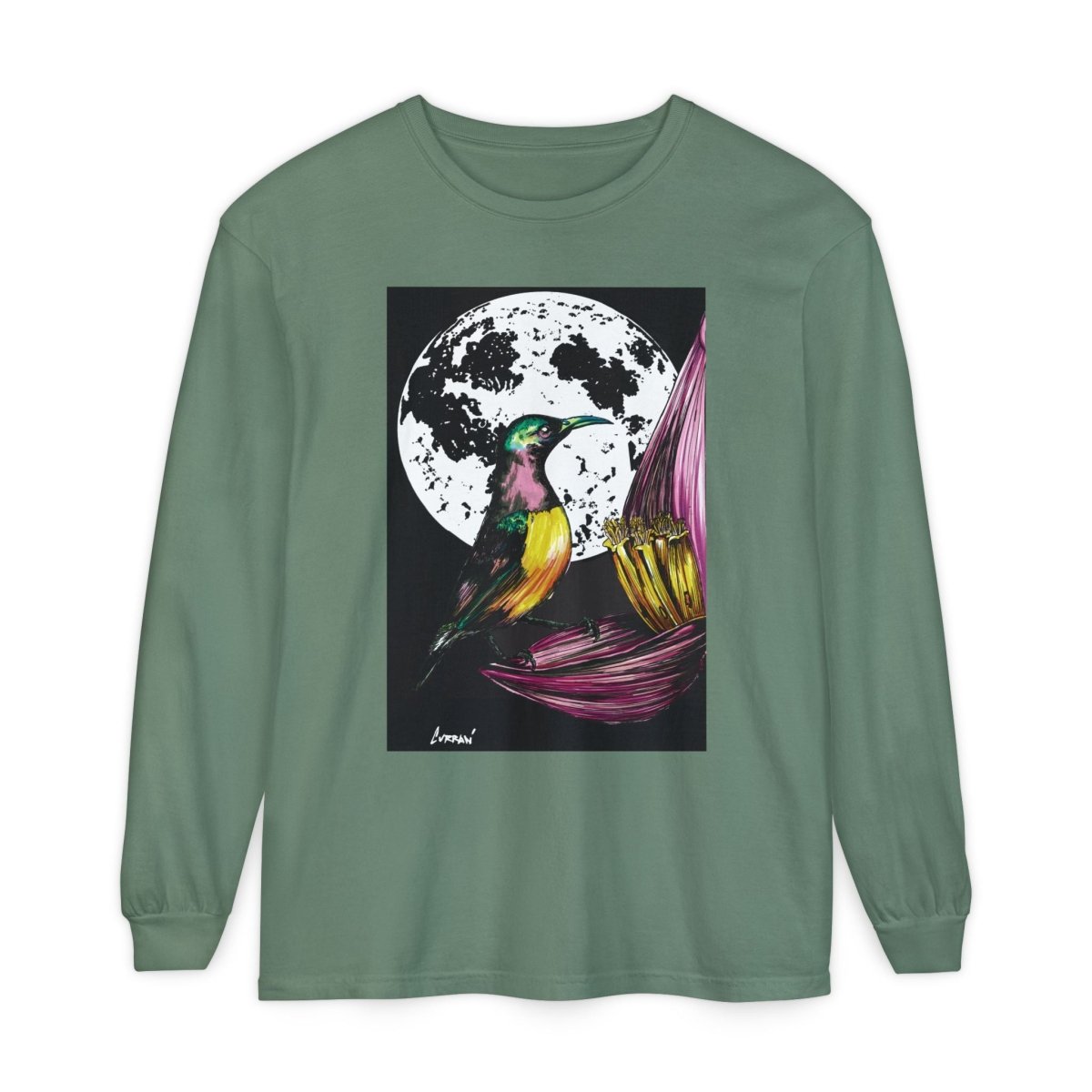 Moonlit Hummingbird Long Sleeve T-Shirt - Unisex Botanical Art Tee - Curran Artworks