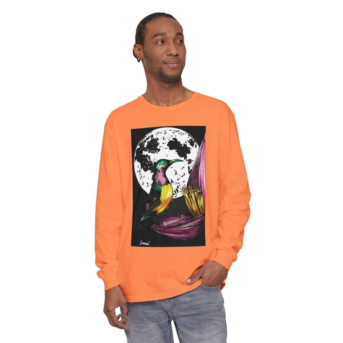 Moonlit Hummingbird Long Sleeve T-Shirt - Unisex Botanical Art Tee - Curran Artworks