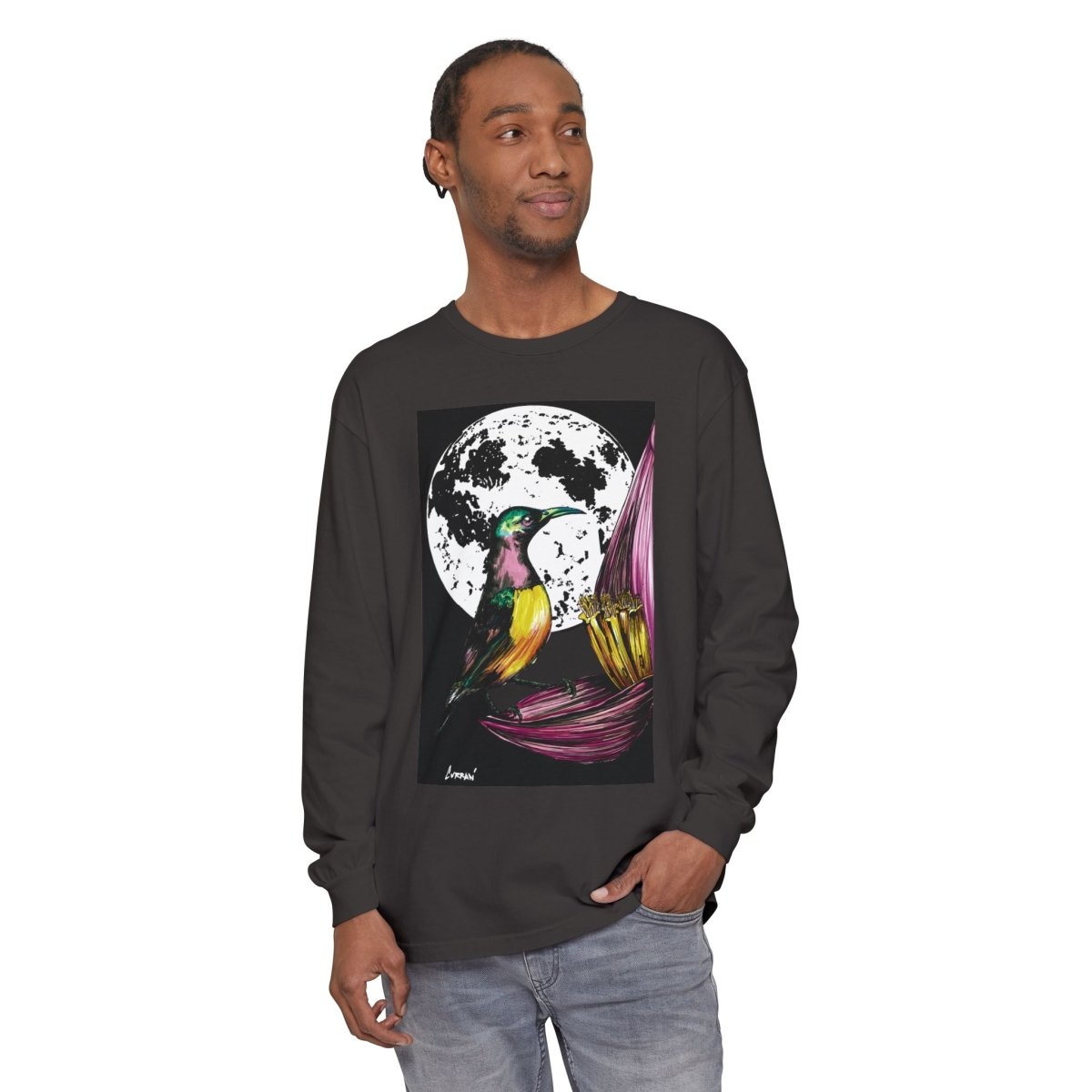 Moonlit Hummingbird Long Sleeve T-Shirt - Unisex Botanical Art Tee - Curran Artworks
